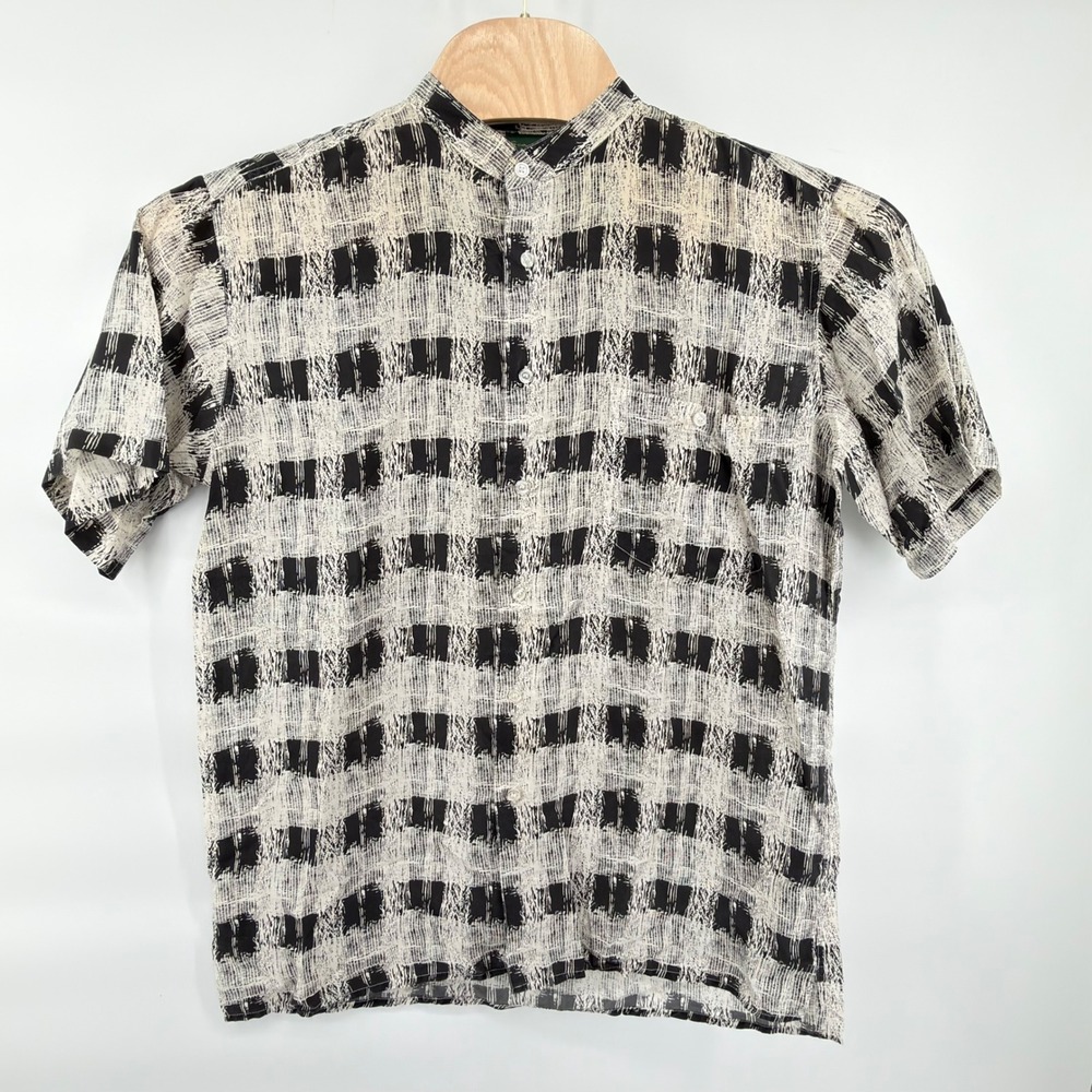 Scandia Woods Button Shirt Mens Medium Black White Silk Band Collar Abstract